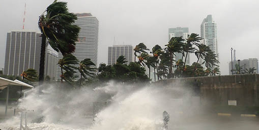 Hurricane Irma seen striking Miami, Florida with 100+ mph winds and destructive storm surge.