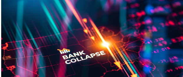 Bank collapse background with falling charts and negative data