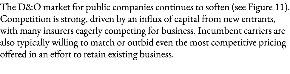 The D&O market for public companies continues to soften (see Figure 11). Competition is strong, driven by an influx o...