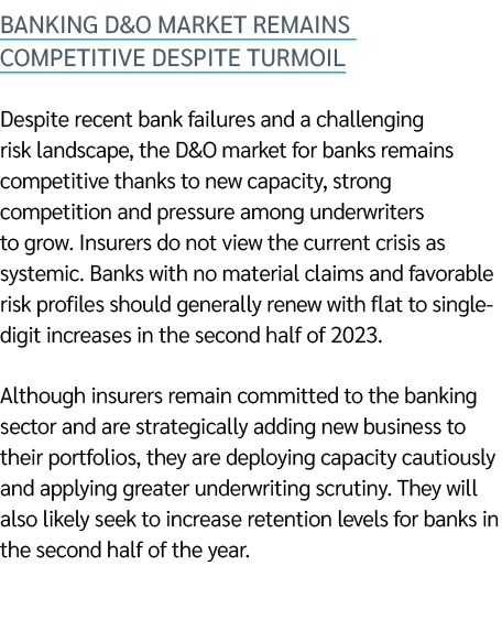 Banking D&O market remains competitive despite turmoil Despite recent bank failures and a challenging risk landscape,...