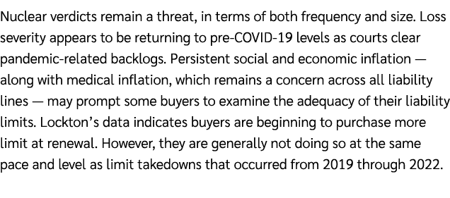 Nuclear verdicts remain a threat, in terms of both frequency and size. Loss severity appears to be returning to pre C...