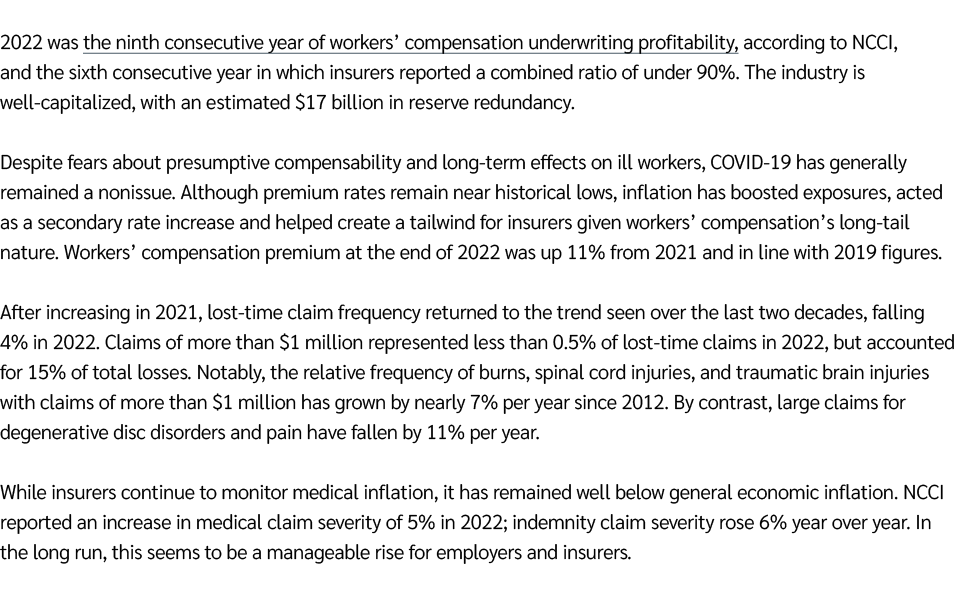 2022 was the ninth consecutive year of workers’ compensation underwriting profitability, according to NCCI, and the s...