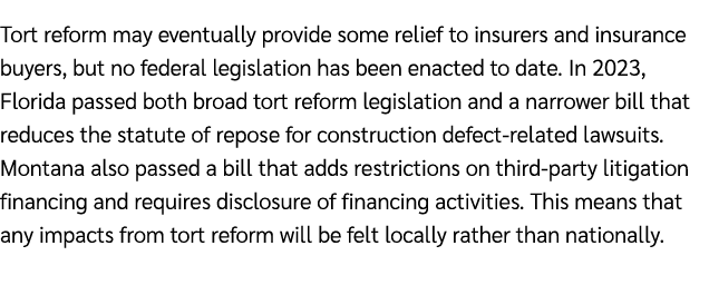 Tort reform may eventually provide some relief to insurers and insurance buyers, but no federal legislation has been ...