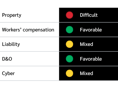 Property,,￼,Difficult,Workers’ compensation,,￼,Favorable,Liability,,￼,Mixed,D&O,,￼,Favorable,Cyber,,￼,Mixed